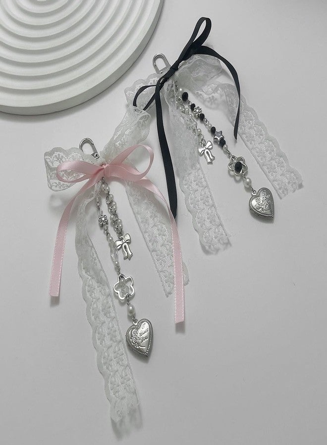 Dhdfisd Bow Keychain Y2K Coquette Aesthetic Bow Heart Pearl Flower Lace Ribbon Keychain Cute Bag Purse Handbag Charm (Black bow) - Image 5